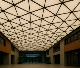 İstanbul büyük ölçekli ticari alan projesi geometrik üçgen formlu transparan gergi tavan uygulaması